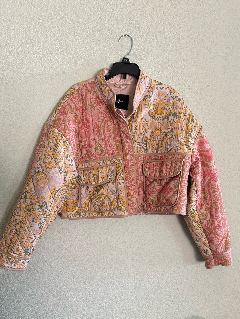 7 For All Mankind Quilted Cropped Bomber Jacket in Pink and Yellow